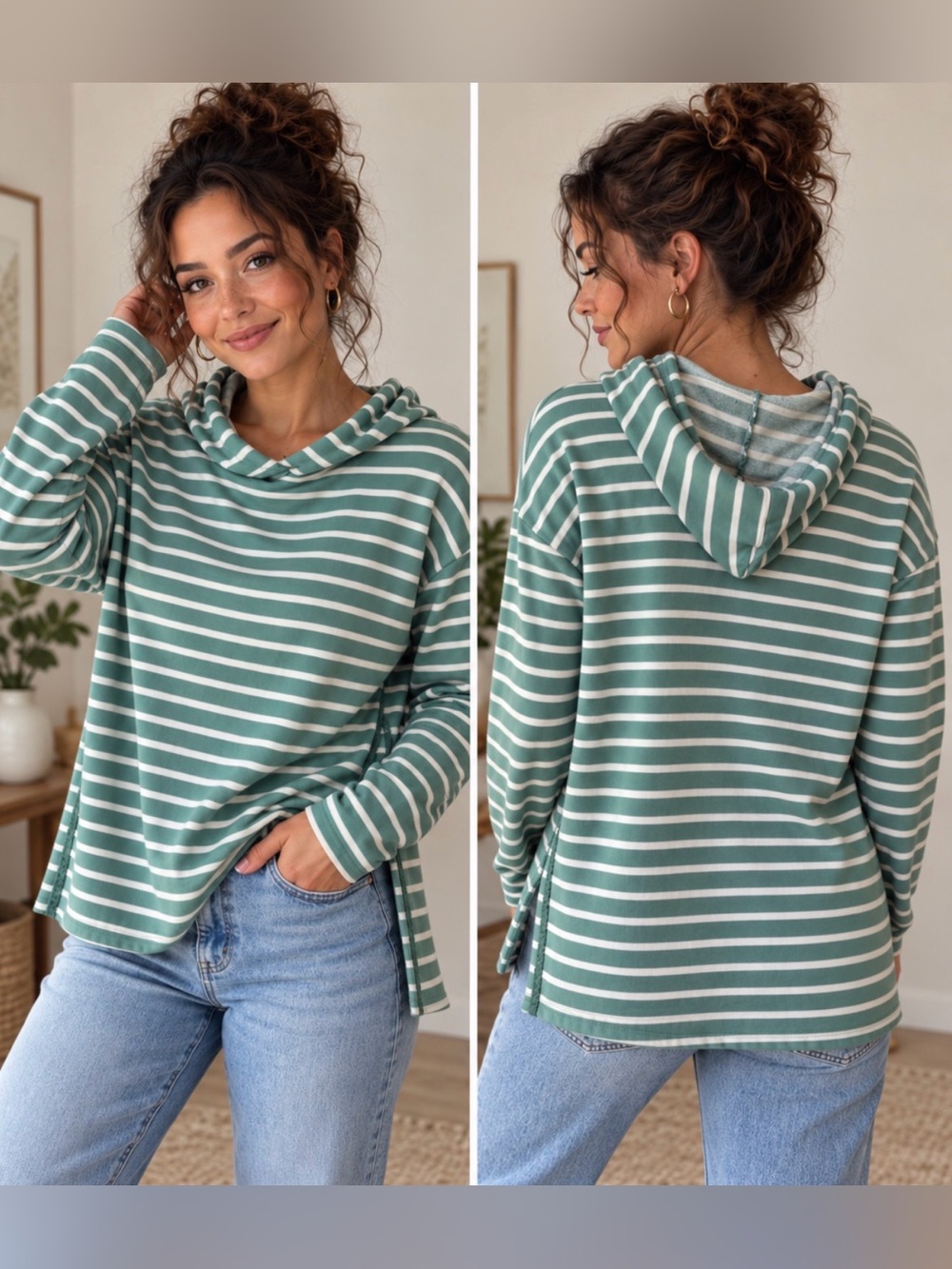 Sonoma Goods For Life Green Striped Casual Hoodie Pullover Size Small